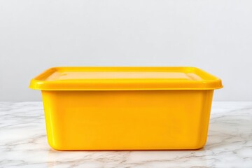 A yellow plastic storage container rests on a marble surface