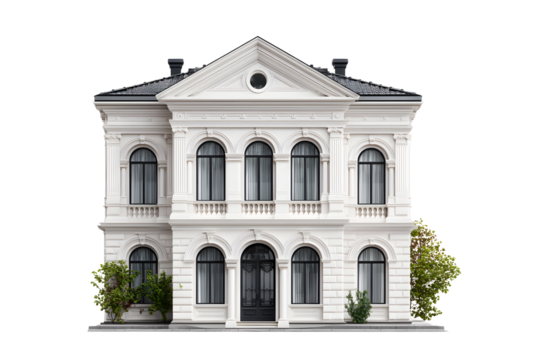 Elegant classic european style mansion with ornate columns and arched windows on white stone facade isolated on transparent background - Powered by Adobe