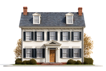Classic white colonial house with symmetrical windows and brick chimneys isolated on transparent background