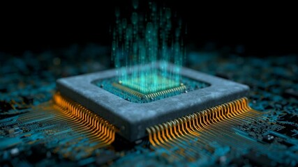 Central processing unit glowing circuit board digital data flow advanced technology computing power streams lines integration - Powered by Adobe