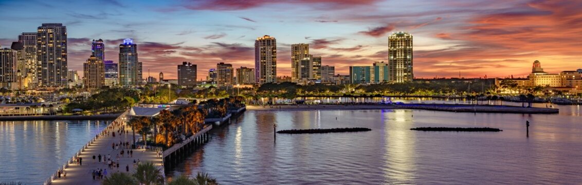 Panoramic Sunset View of Downtown St. Petersburg, Florida from the Pier