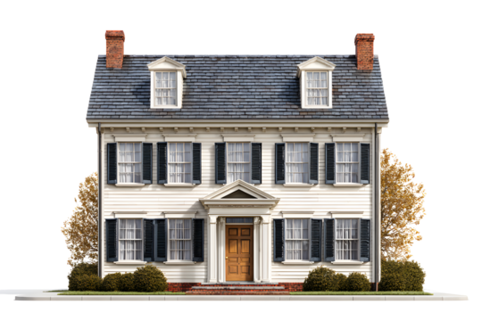 Classic white colonial house with symmetrical windows and brick chimneys isolated on transparent background