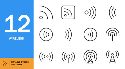 Wireless icon set. Minimal vector icons for mobile apps. Includes radio waves, connectivity, signal, network, tech and more. Editable black outline.