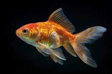 An orange goldfish swims in black backdrop with translucent fins and intricate scale patterns