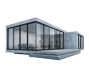 Modern concrete house with minimalist industrial architecture and large glass windows isolated on transparent background