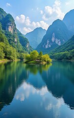 Fototapeta premium Ecological Landscape Material of Mountains, Lakes and Islands, Lake - Center Island & Green Mountain Reflections, for Cultural Tourism Promotion, Geographic Magazines, Decorative Paintings