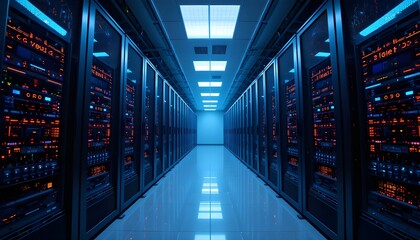 Modern server room with LED lights and cooling systems, wide-angle perspective, high resolution"