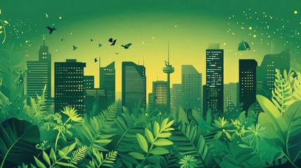 Green cityscape behind lush foliage and soaring birds