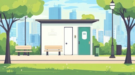 Park shelter, benches, trees, and cityscape