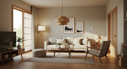 Fototapeta premium Bright living room featuring a sofa with pillows, a coffee table with decor, an armchair, and natural light streaming through a sliding door.