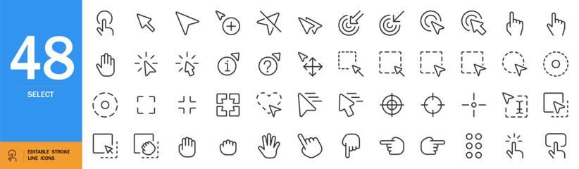 SELECT icon set. Minimal vector cursor & keyboard symbols. Includes mouse movements, arrows, hand gestures, button icons. Editable stroke on white.