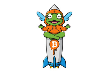 Cartoon Frog Meditating on Bitcoin Rocket with Wings and Orange Hoodie.