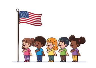 Diverse Group of Children in Patriotic Pose Hands Over Hearts.