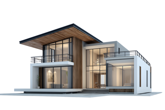 Modern two story minimalist house with large windows and sloped roof isolated on transparent background