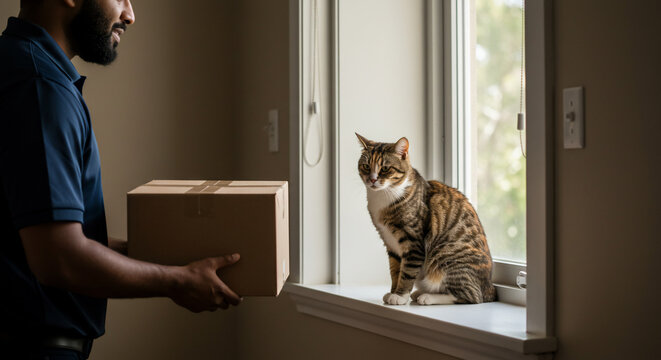 Man delivering a package while a cat sits on the windowsill looking at the delivery person indoors