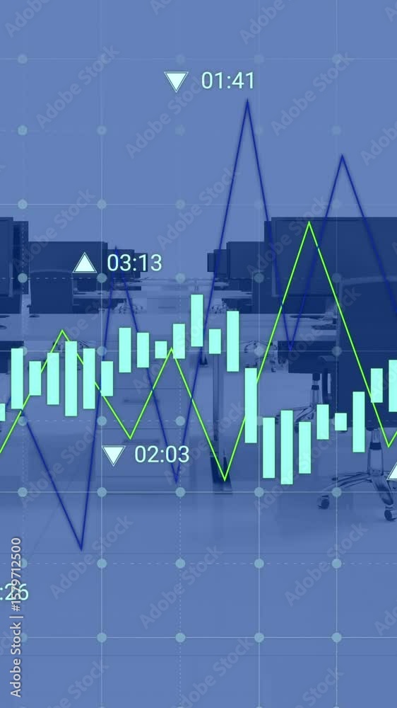 Poster animation of multiple graphs with changing numbers over unoccupied chairs and desktops in office
