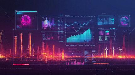 A futuristic financial dashboard showing real-time energy consumption data and electric grid stability, with cryptocurrency wallets used for energy transactions, 