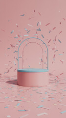 Pastel pink podium design with falling confetti festive background for events and celebrations