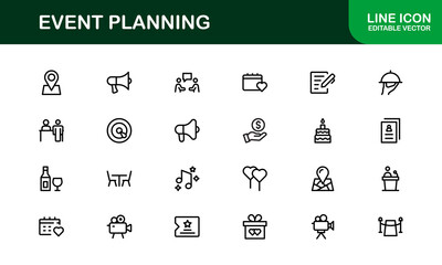 Event Planning Icon Set in Vector Style Featuring Calendar, Schedule, Venue, Invitation, and Party Elements
