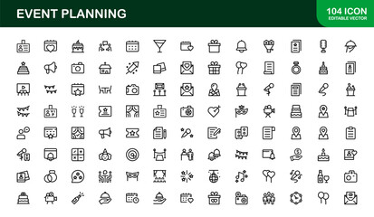 Event Planning Icon Set in Vector Style Featuring Calendar, Schedule, Venue, Invitation, and Party Elements
