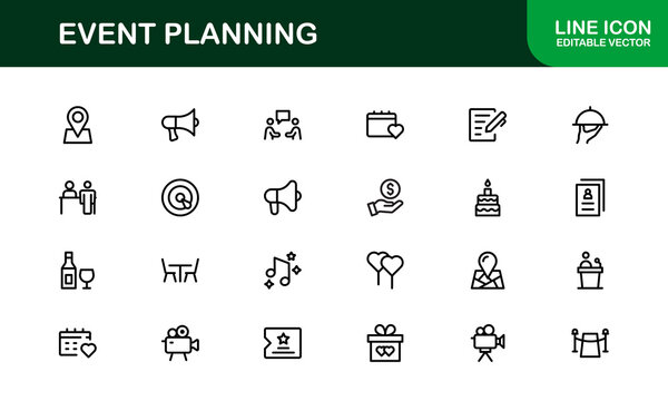 Event Planning Icon Set in Vector Style Featuring Calendar, Schedule, Venue, Invitation, and Party Elements