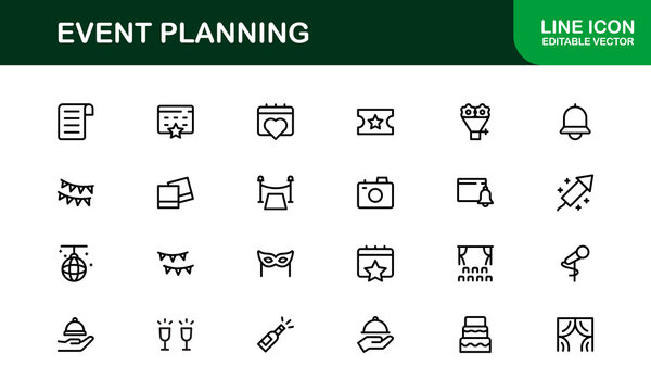 Event Planning Icon Set in Vector Style Featuring Calendar, Schedule, Venue, Invitation, and Party Elements