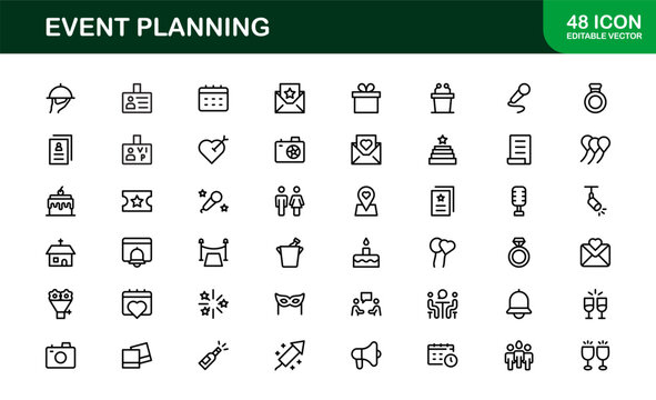 Event Planning Icon Set in Vector Style Featuring Calendar, Schedule, Venue, Invitation, and Party Elements