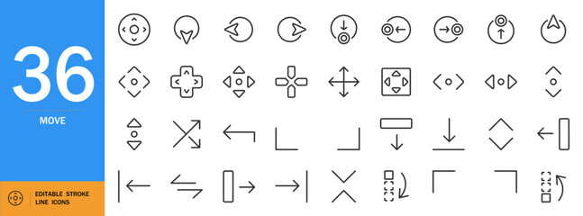 Move icon set. Minimalist vector arrows and shapes for games. Includes directions, crosshairs, dots, walk, action symbols. Editable black line art on pastel blue.