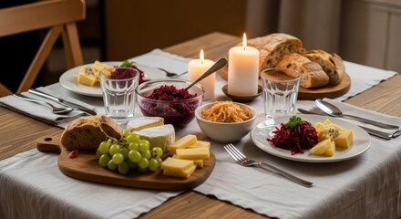 Beautiful Wooden Table Setting with Cheese Bread Fruits and Candles for Romantic Dinner