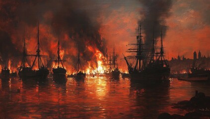Burning ships at harbor sunset.  Fiery spectacle at dock