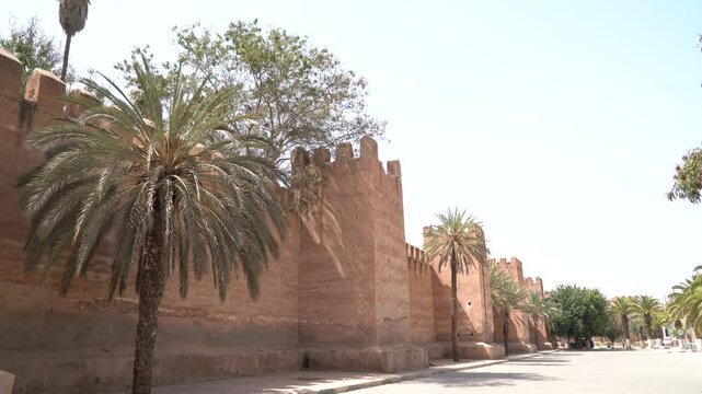 Palm trees and rempart towers, street in Taroudant city, Morocco
