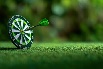 Dart in center of green dartboard on grass bokeh background