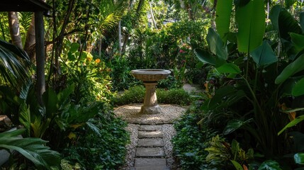 Serene Garden Path with Stone Fountain