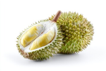 Obraz premium Durian fruit one cut open to reveal the yellow flesh the other whole with spiky green exterior