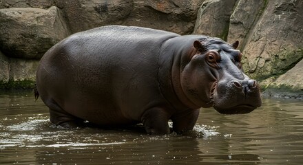 Hippopotamus in a muddy waterhole, displaying its robust physique.