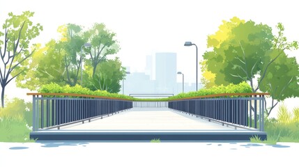 Pedestrian bridge with lush greenery, leading to a cityscape, depicted in a soft, illustrative style