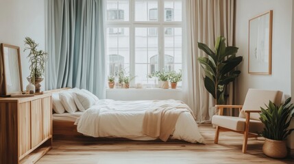 A cozy bedroom with a large window