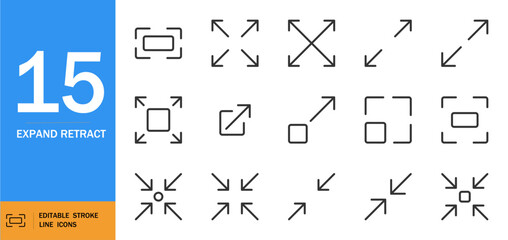 Expand retract icon set. Minimal line vector arrows and squares. Geometric symbols for UI, apps, websites, digital designs. Monochrome editable stroke.