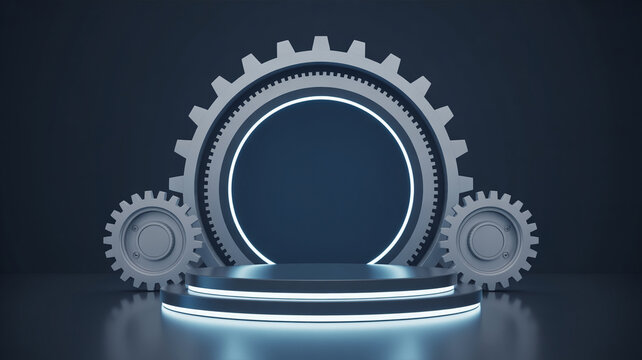Futuristic abstract design featuring gears and a modern illuminated podium for presentation