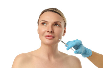 Woman undergoing cosmetic treatment with a syringe, isolated on white, PNG