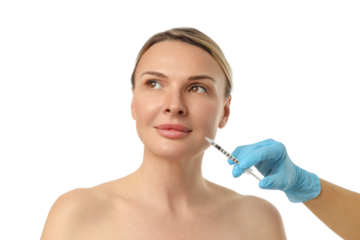 Woman undergoing cosmetic treatment with a syringe, isolated on white, PNG
