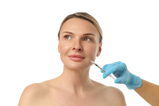 Woman undergoing cosmetic treatment with a syringe, isolated on white, PNG