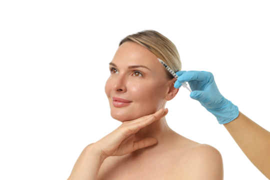 Woman getting facial enhancement shot, isolated on white, PNG