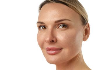Woman shows healthy skin and calm look, isolated on white, PNG