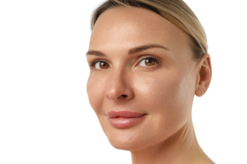 Woman shows healthy skin and calm look, isolated on white, PNG