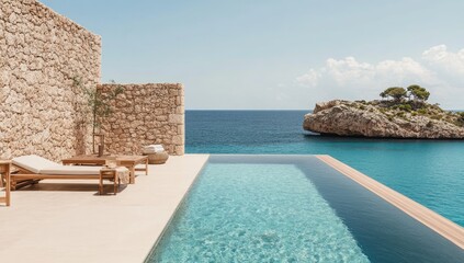 Plakat Modern seaside infinity pool with stone walls