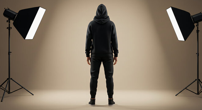 A person in a dark hoodie stands facing away from the viewer, illuminated by studio lights on either side. - Powered by Adobe