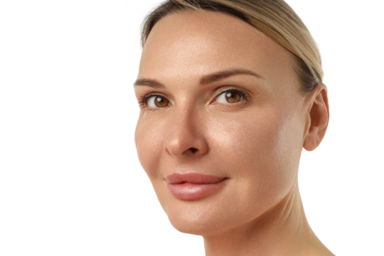 Woman shows healthy skin and calm look, isolated on white, PNG