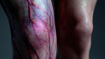 Fototapeta premium Swollen lower for vascular issue concept. Close-up of human skin revealing vibrant vascular details.