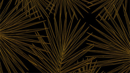 Obraz premium Golden palm fronds create an elegant, abstract pattern against a stark black background, evoking a sense of luxury and tropical sophistication.